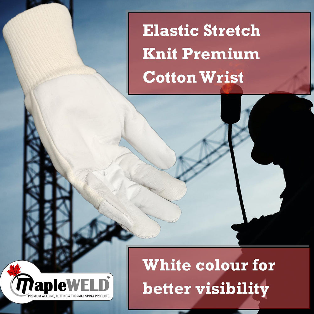 MapleWeld MW1700 white goatskin glove with elastic stretch knit cotton wrist, palm view