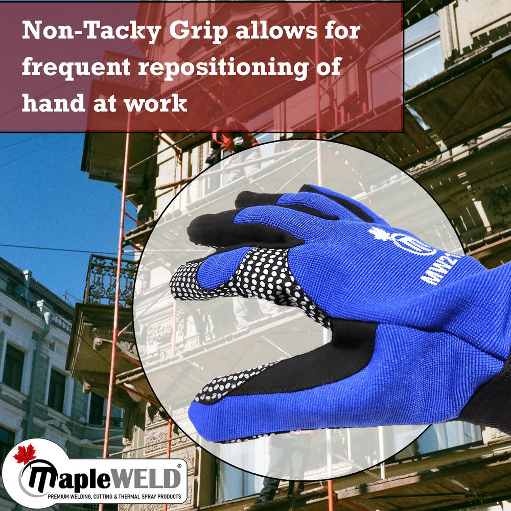 MapleWeld MW2100 polka dot grip glove in use showing non-tacky palm grip