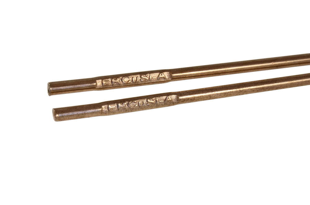 PowerWeld silicon bronze brazing rods stamped ERCuSi-A, close-up of two rods