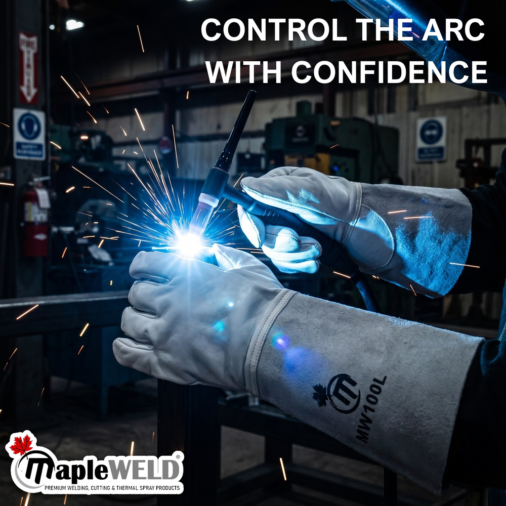 MapleWeld MW100 Sheepskin Long TIG Welding Gloves – White Sheepskin with Split Leather Cuff