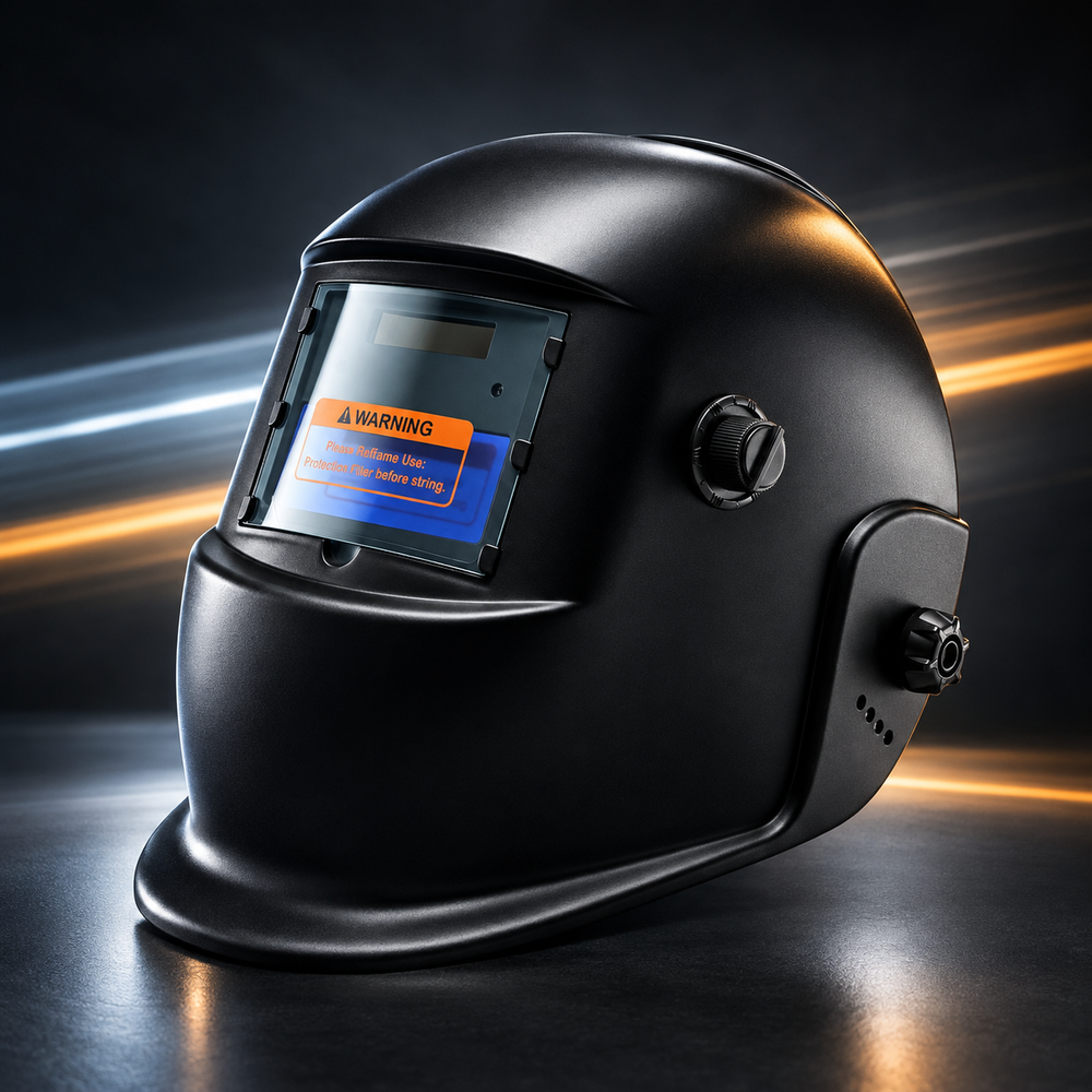MapleWeld AeroView 60 auto-darkening welding helmet, black shell with blue lens and warning label