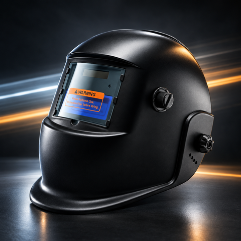 MapleWeld AeroView 60 auto-darkening welding helmet, black shell with blue lens and warning label