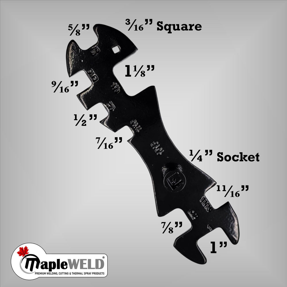 PowerWeld 10-way cylinder wrench with fitting sizes marked on the jaws, MapleWeld logo
