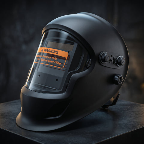 MapleWeld ArcDuty 90 auto-darkening welding helmet, black shell, angled view with warning label on lens