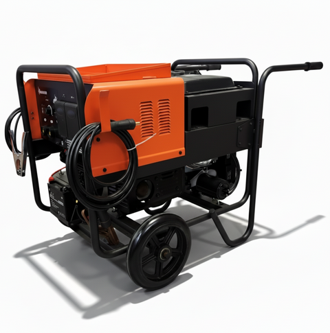 Orange and black portable generator welder on a white background