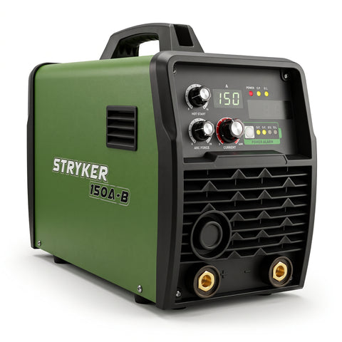 A Stryker 150A-B portable welding machine with a green side panel, black control face, digital display, and gold-colored terminal connectors, shown on a white background.