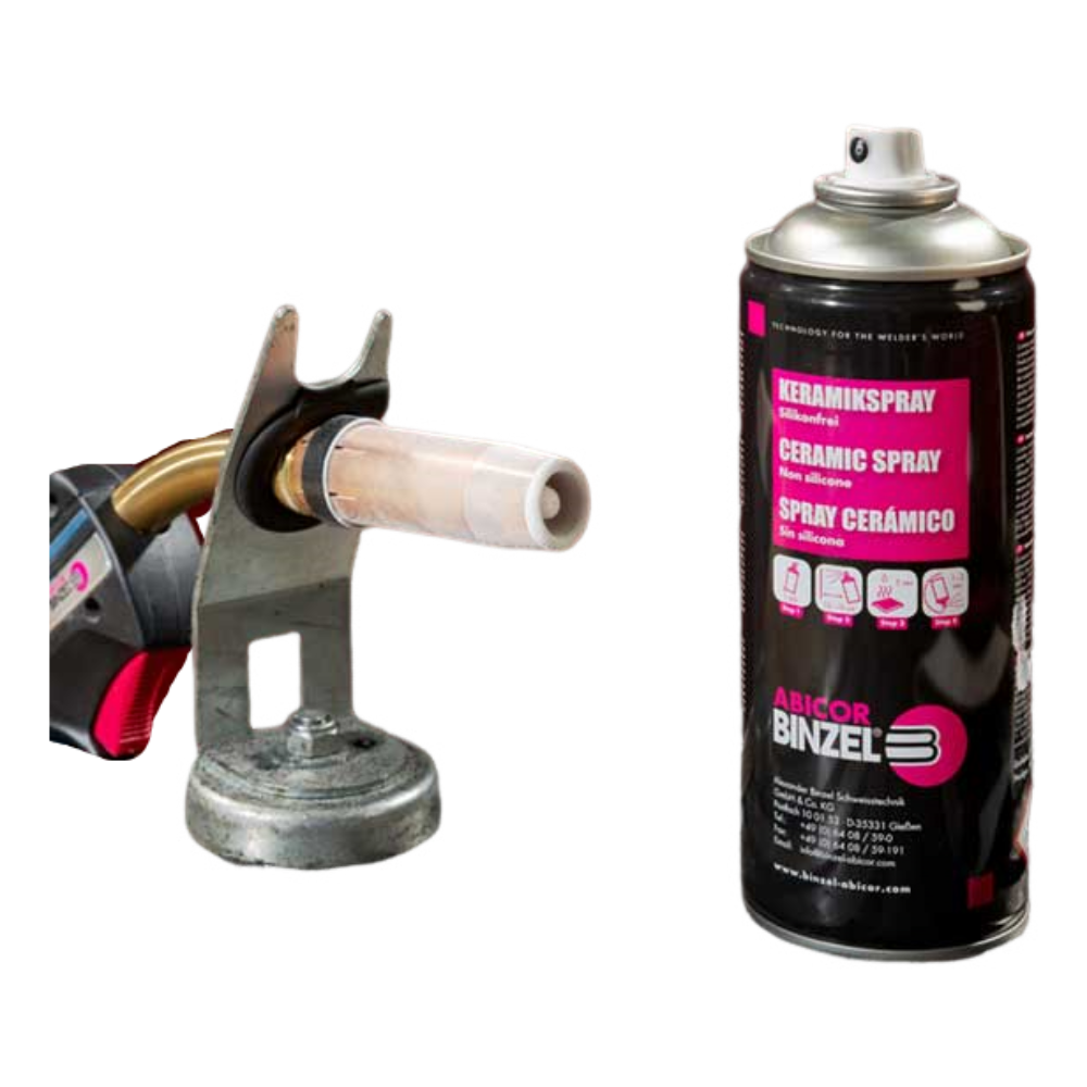 Abicor Binzel ceramic spray can next to MIG gun nozzle holder with ceramic coated cone