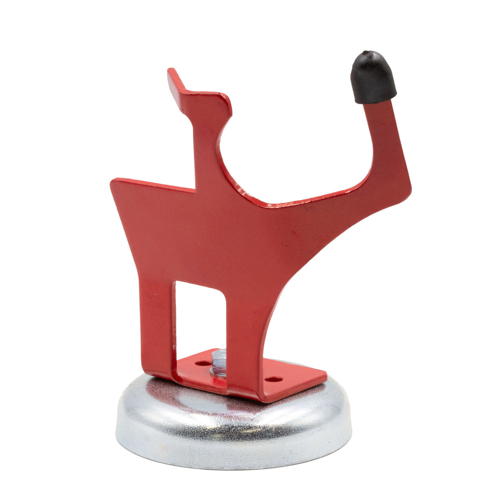 PowerWeld electrode holder stand in red with rubber tip and magnetic base, side view