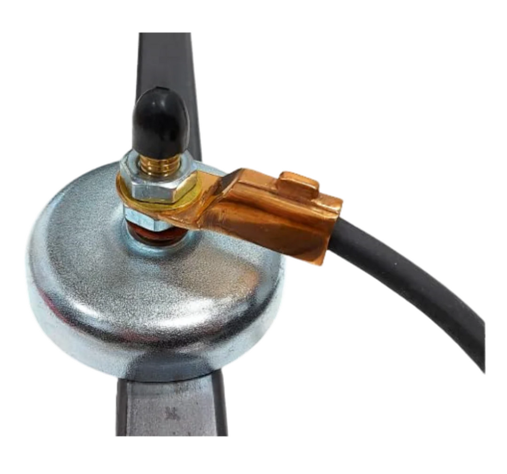 PowerWeld copper lug fitted to welding cable on a ground clamp, in use