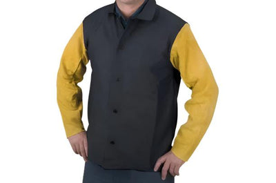 Weldmate FR cotton black welding jacket with leather sleeves, 9oz Proban FR-7A cotton and cowhide combo jacket