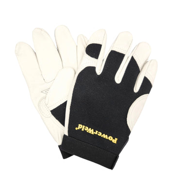 PowerWeld 2670 goatskin mechanics gloves, white grain goatskin black spandex