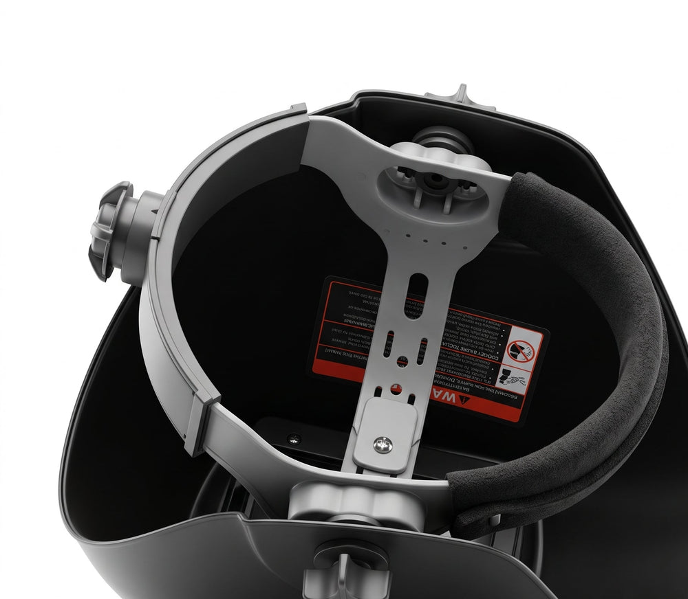 Underside and interior of the MapleWeld NovaSight 55 welding helmet with mounting bracket and foam padding