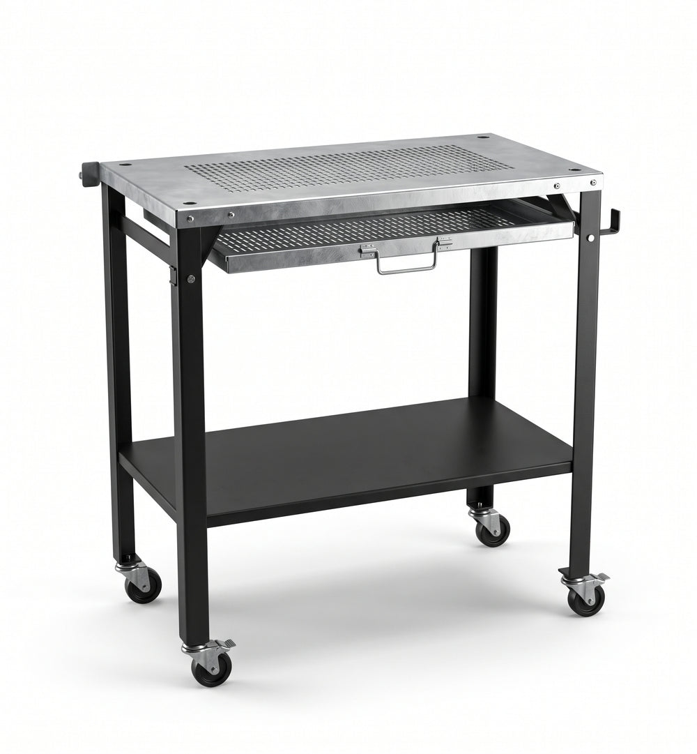 MW3620WTC portable welding table with casters, galvanized steel top, pull-out slag tray and hook