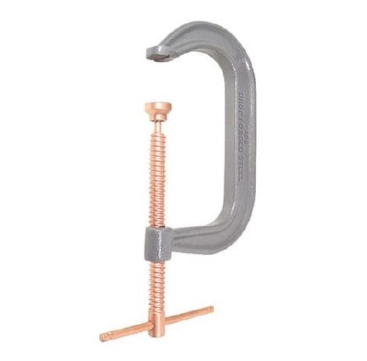 PowerWeld F-clamp with copper plated screw and T-handle for welding on white background