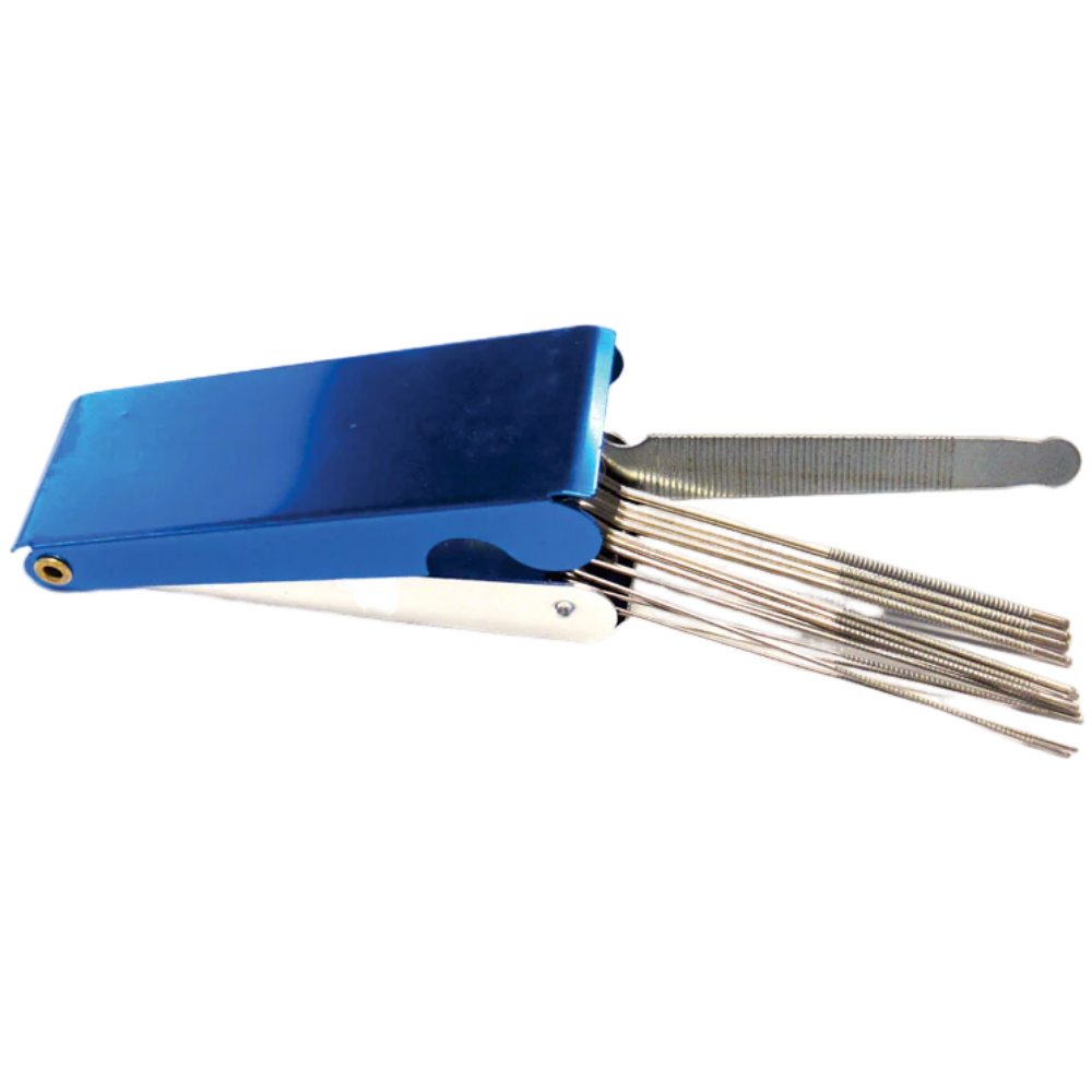 PowerWeld standard torch tip cleaner set with blue folding case and fanned cleaning files