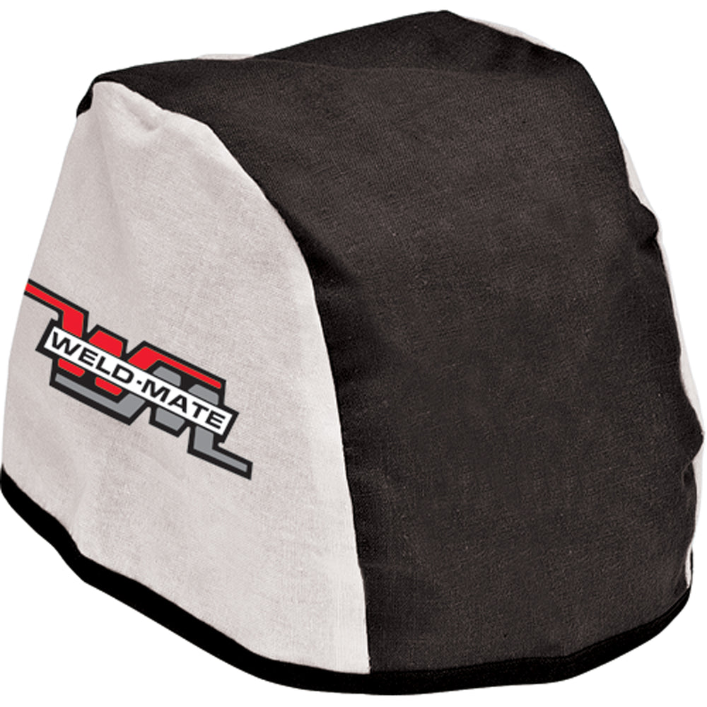Flame retardant welder beanie in black and white with Weld-Mate logo, side view