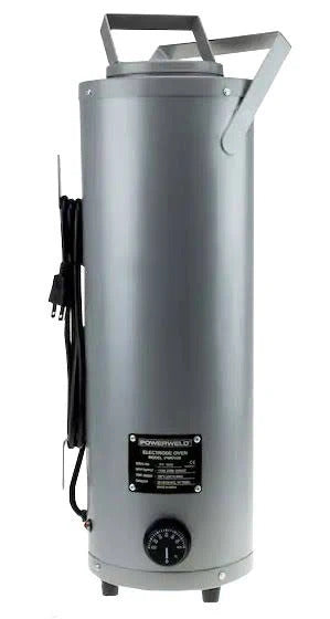 PowerWeld portable electrode oven for welding rod storage, grey cylinder with handle, data plate and temperature dial